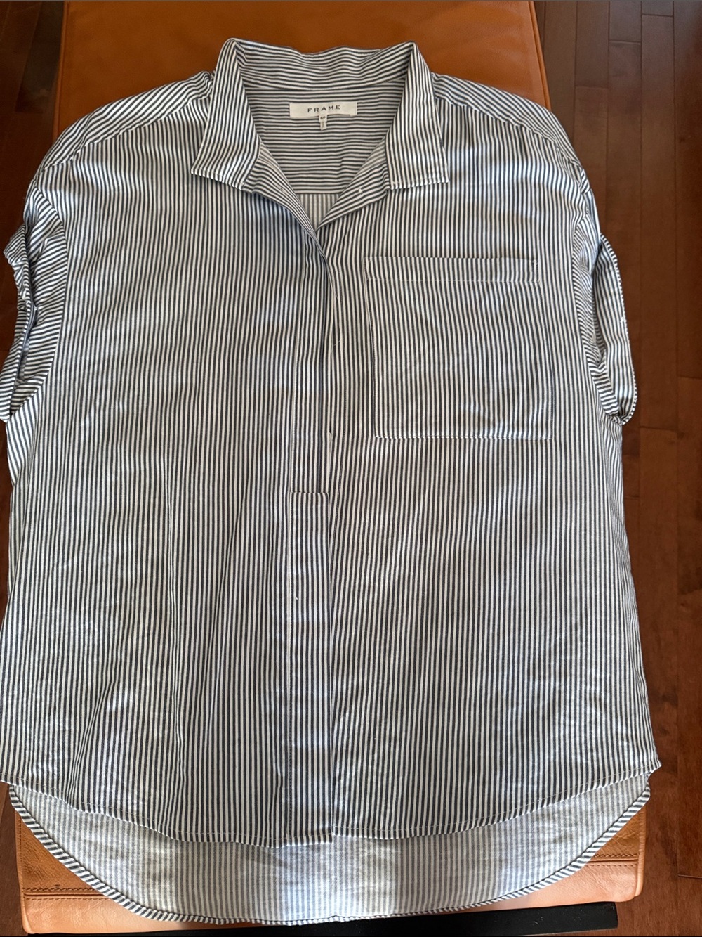 Frame women Striped Short-Sleeve Button-Down in Navy and White blouse